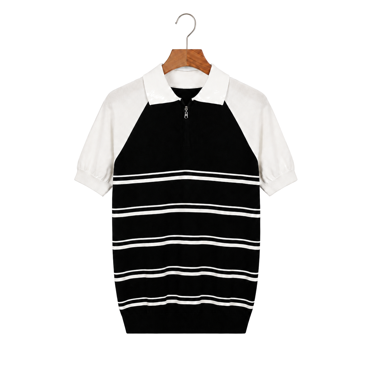 WEELZ black and white raglan stripe zip knit polo, front hanging view on pure white background