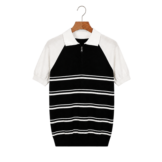 WEELZ black and white raglan stripe zip knit polo, front hanging view on pure white background