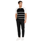 WEELZ black and white raglan stripe zip knit polo worn with black tailored trousers
