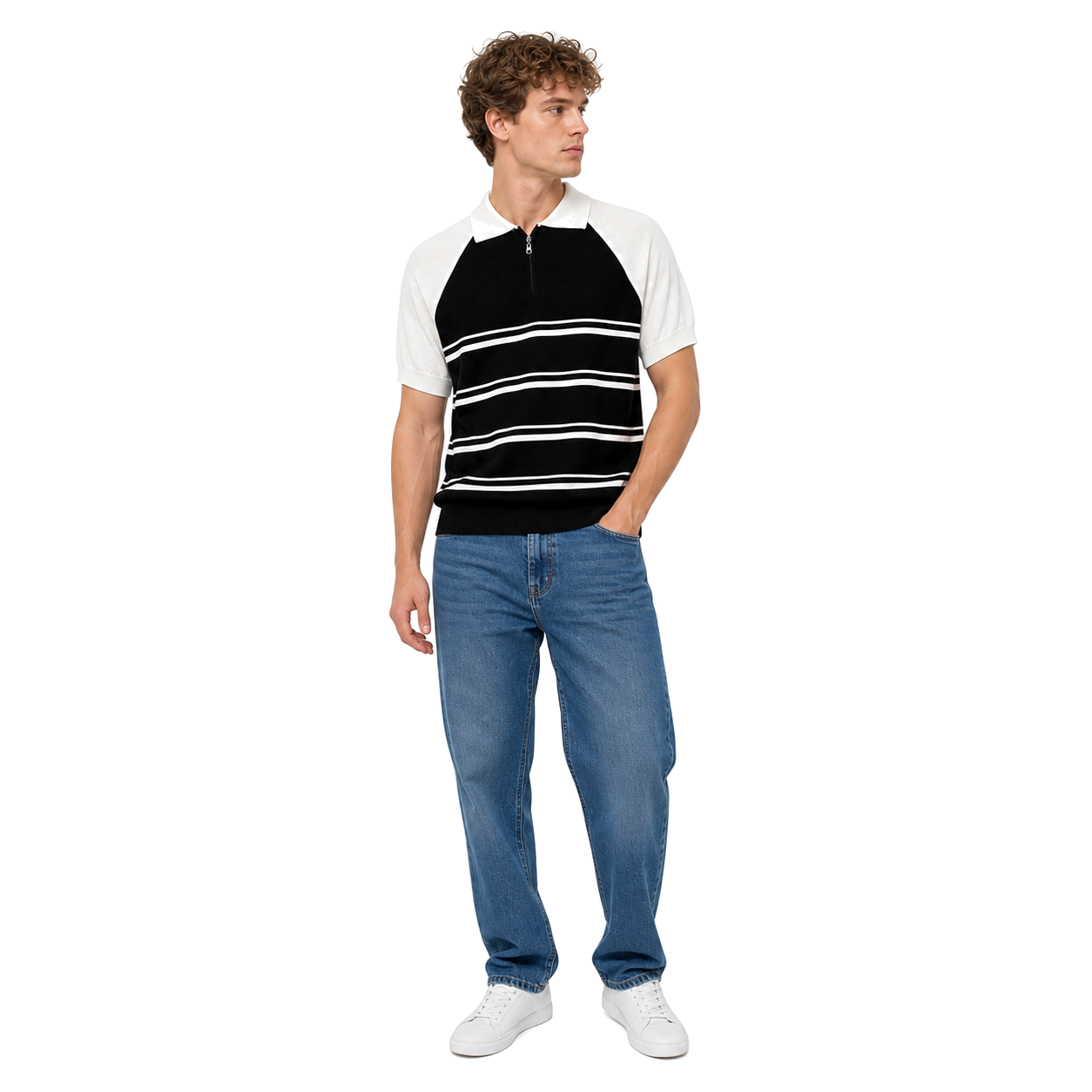 WEELZ black and white raglan stripe zip knit polo worn with medium blue jeans