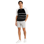 WEELZ black and white raglan stripe zip knit polo worn with light grey chino shorts