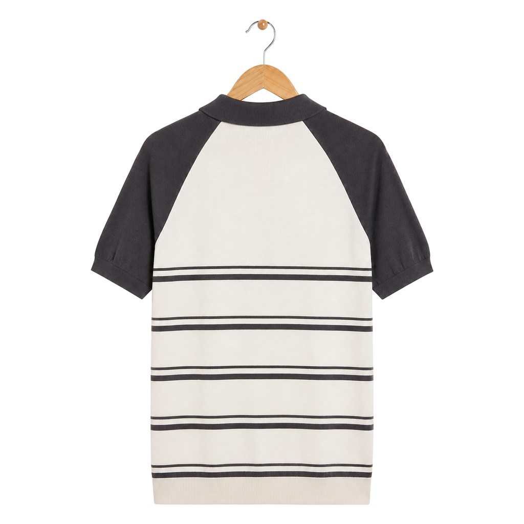 WEELZ grey and off-white raglan stripe zip knit polo, rear hanging view on pure white background