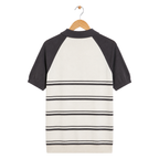 WEELZ grey and off-white raglan stripe zip knit polo, rear hanging view on pure white background
