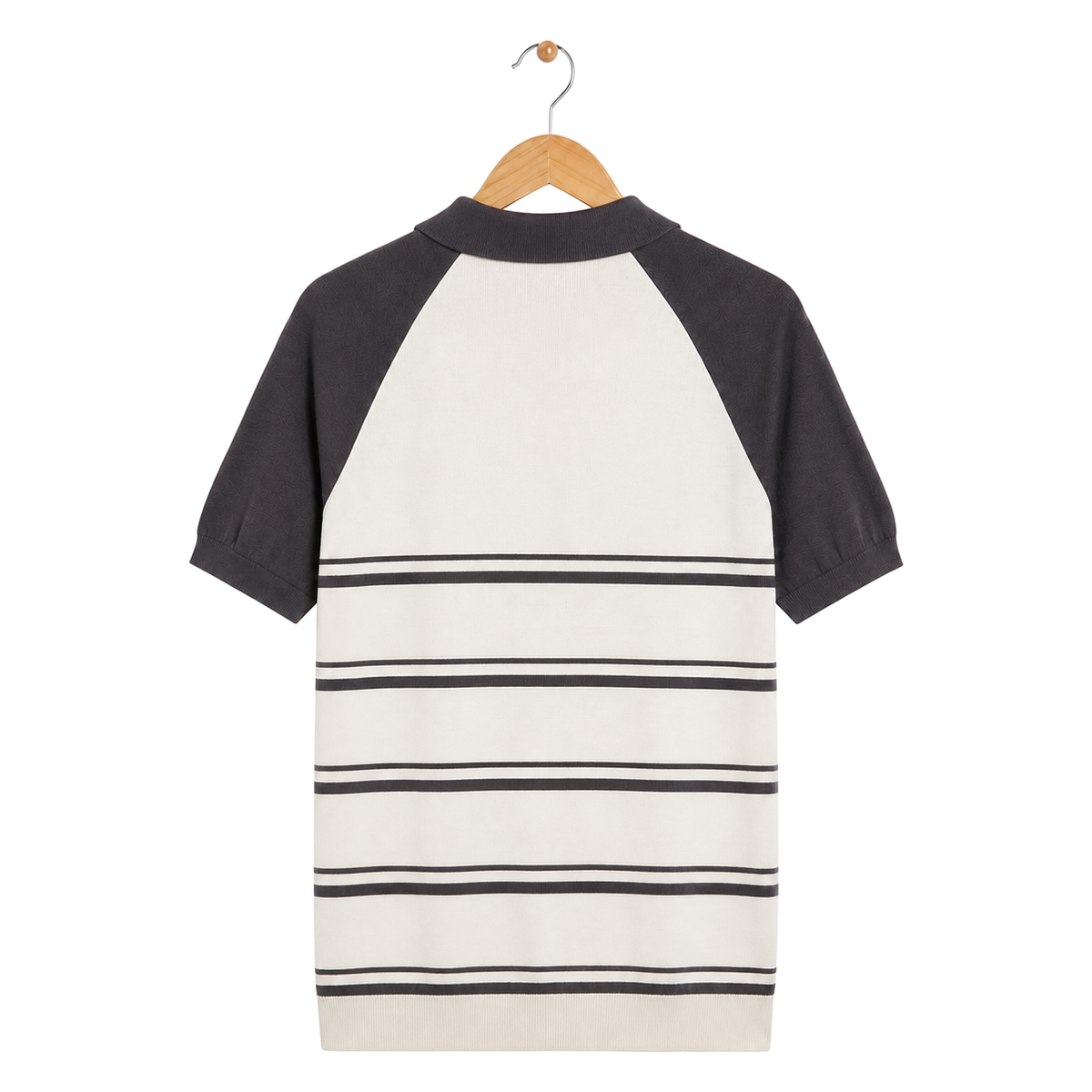 WEELZ grey and off-white raglan stripe zip knit polo, rear hanging view on pure white background