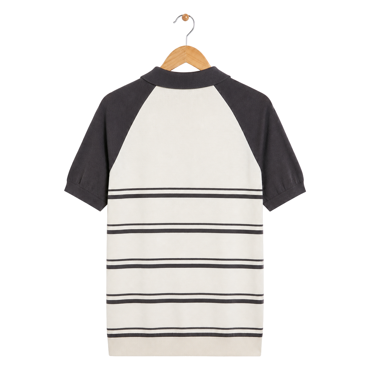 WEELZ grey and off-white raglan stripe zip knit polo, rear hanging view on pure white background