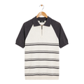 WEELZ grey and off-white raglan stripe zip knit polo, front hanging view on pure white background