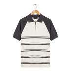 WEELZ grey and off-white raglan stripe zip knit polo, front hanging view on pure white background