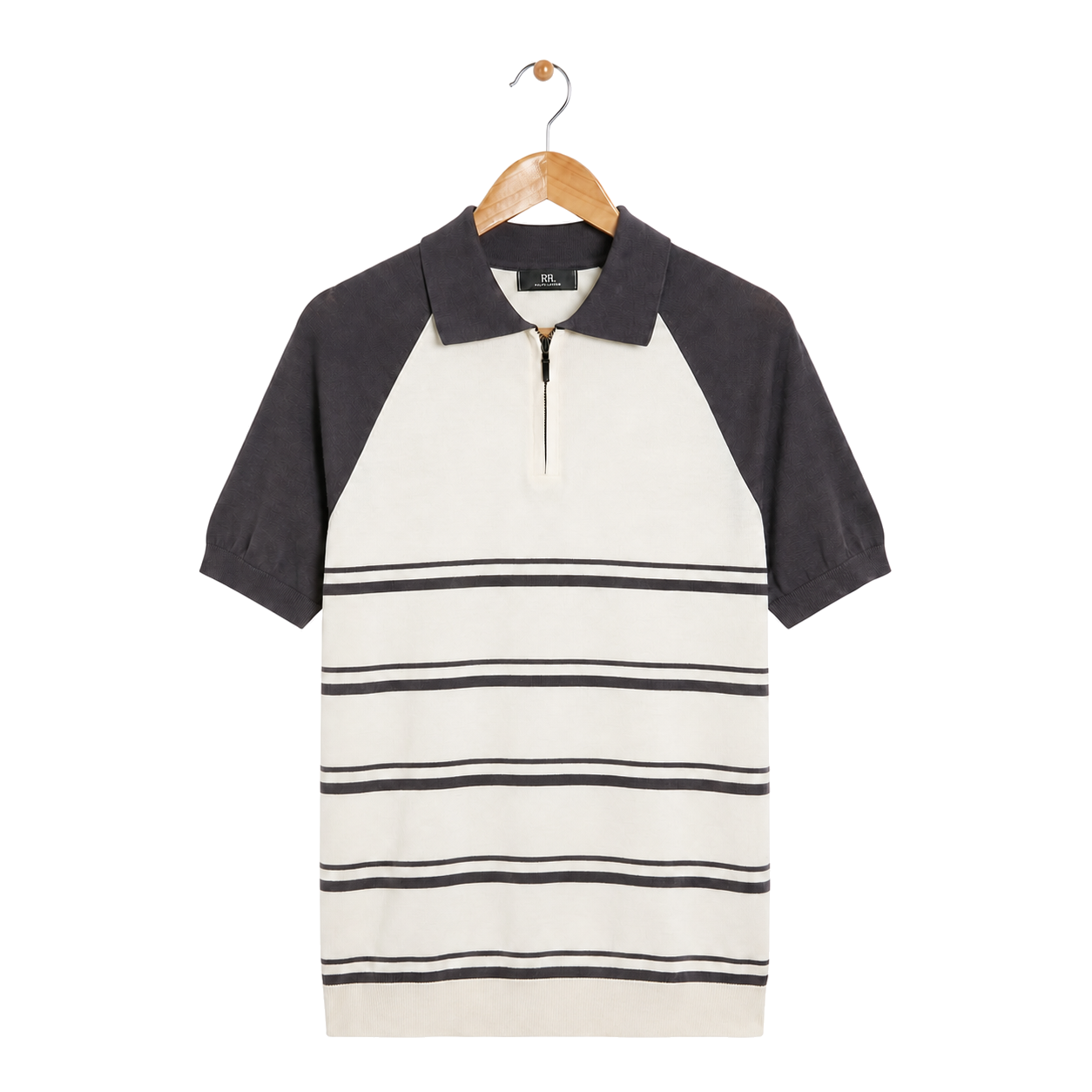 WEELZ grey and off-white raglan stripe zip knit polo, front hanging view on pure white background