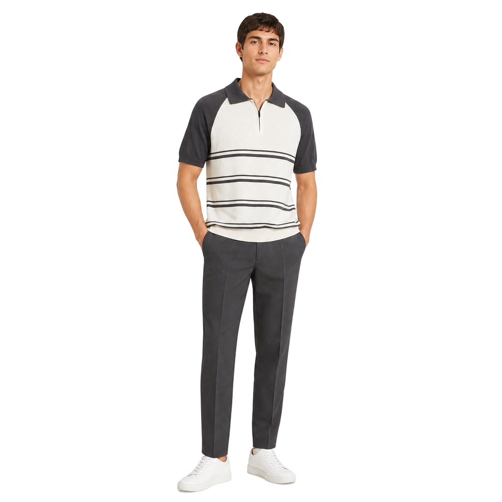 WEELZ grey and off-white raglan stripe zip knit polo worn with charcoal tailored trousers