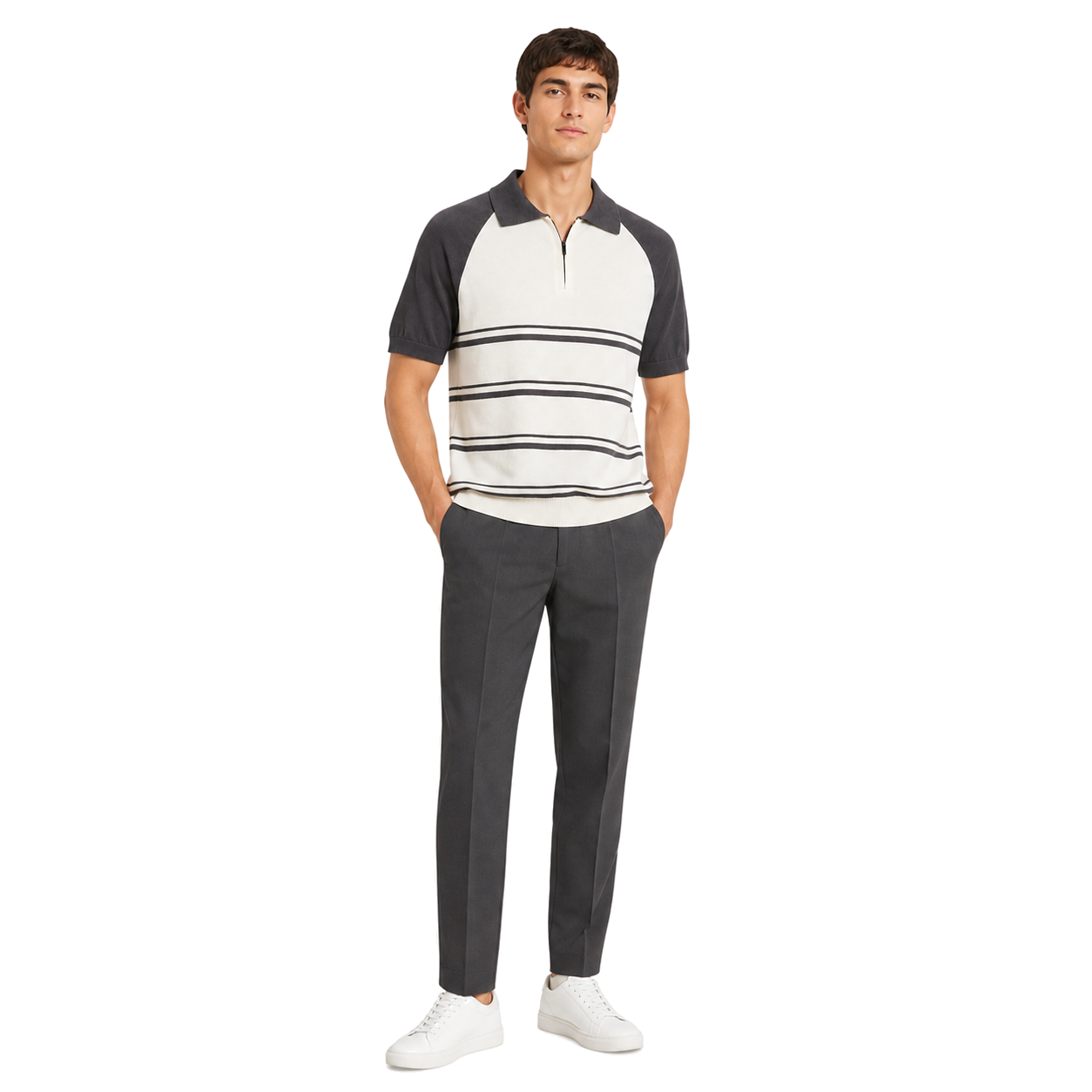 WEELZ grey and off-white raglan stripe zip knit polo worn with charcoal tailored trousers