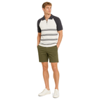 WEELZ grey and off-white raglan stripe zip knit polo worn with olive chino shorts