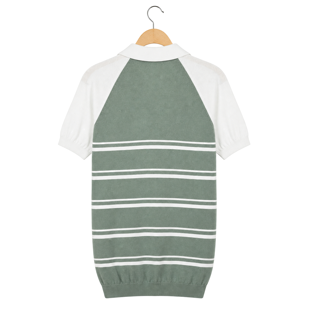 WEELZ mint and white raglan stripe zip knit polo, rear hanging view on pure white background
