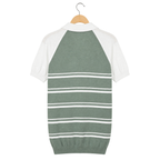 WEELZ mint and white raglan stripe zip knit polo, rear hanging view on pure white background