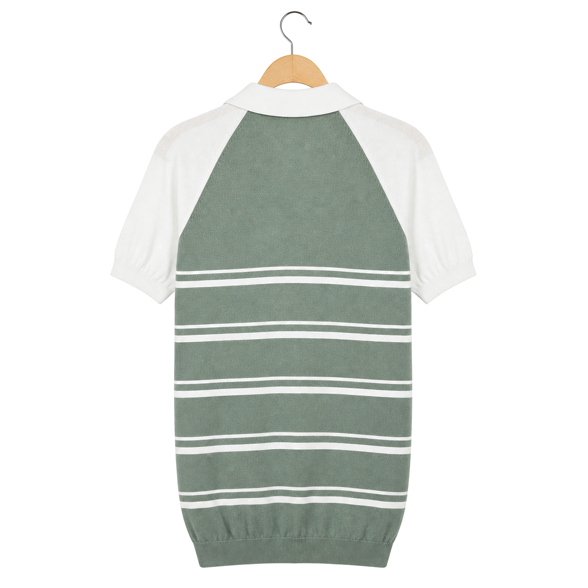 WEELZ mint and white raglan stripe zip knit polo, rear hanging view on pure white background