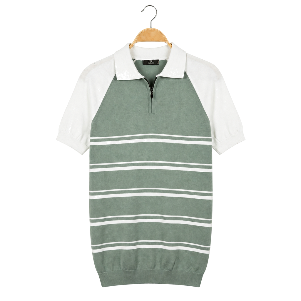 WEELZ mint and white raglan stripe zip knit polo, front hanging view on pure white background