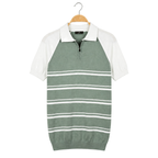 WEELZ mint and white raglan stripe zip knit polo, front hanging view on pure white background