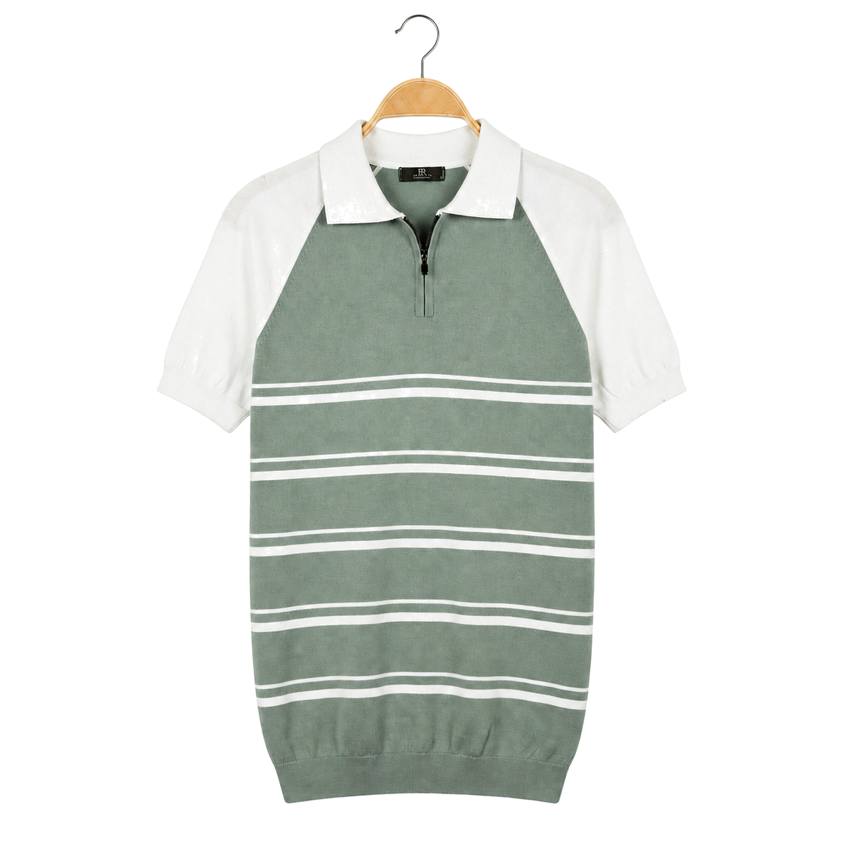 WEELZ mint and white raglan stripe zip knit polo, front hanging view on pure white background