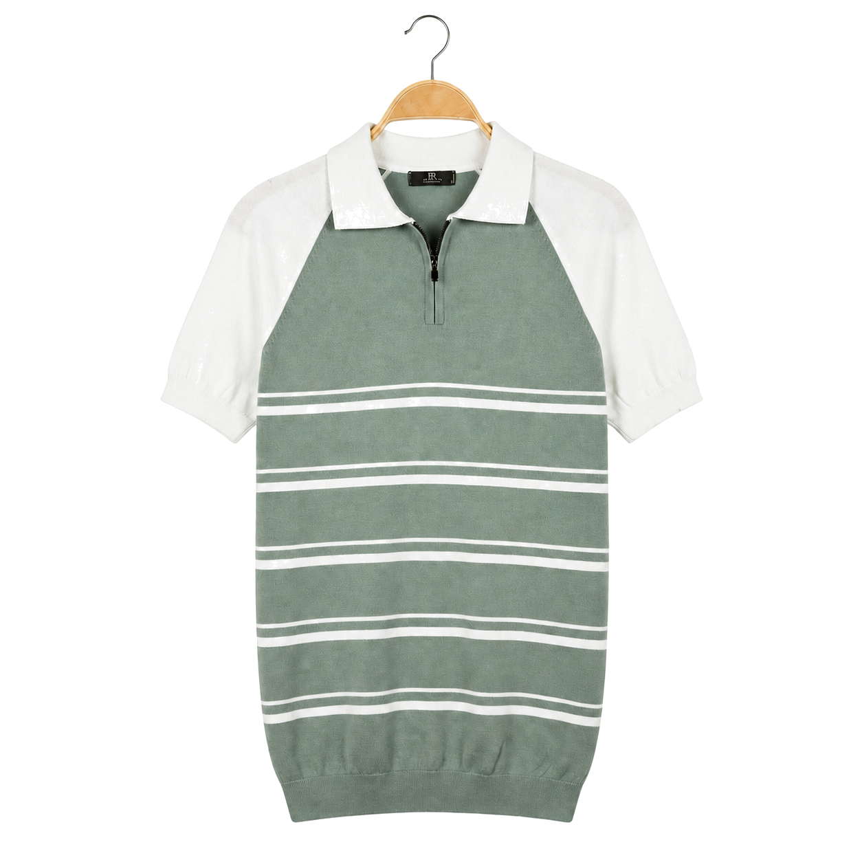 WEELZ mint and white raglan stripe zip knit polo, front hanging view on pure white background