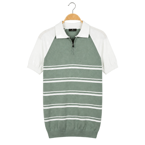 WEELZ mint and white raglan stripe zip knit polo, front hanging view on pure white background