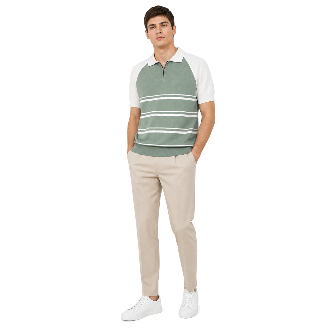 WEELZ mint and white raglan stripe zip knit polo worn with sand-beige tailored trousers