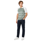WEELZ mint and white raglan stripe zip knit polo worn with dark indigo denim jeans