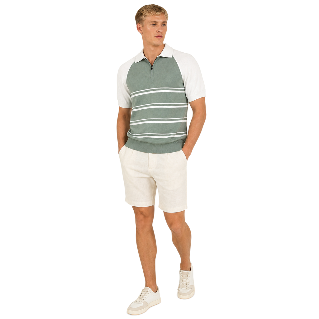 WEELZ mint and white raglan stripe zip knit polo worn with cream linen shorts