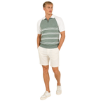 WEELZ mint and white raglan stripe zip knit polo worn with cream linen shorts