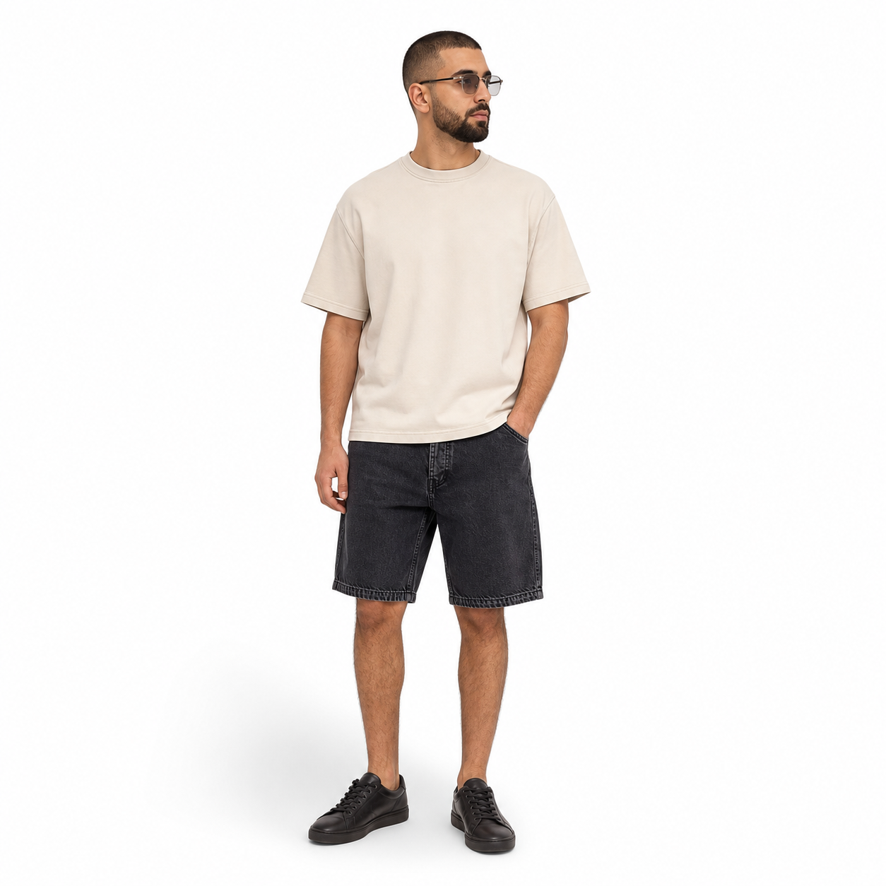 WEELZ Relaxed-Fit Distressed Denim Shorts — Black styled model view