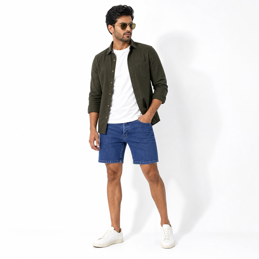 WEELZ Relaxed-Fit Distressed Denim Shorts — Classic Blue styled model view