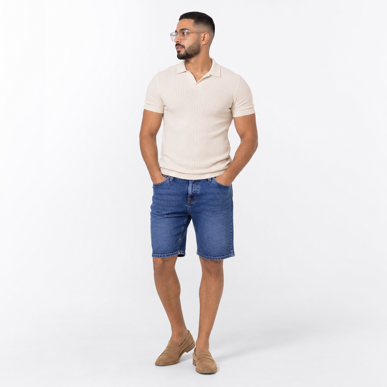 WEELZ Relaxed-Fit Distressed Denim Shorts — Deep Blue styled model view