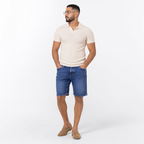 WEELZ Relaxed-Fit Distressed Denim Shorts — Deep Blue styled model view
