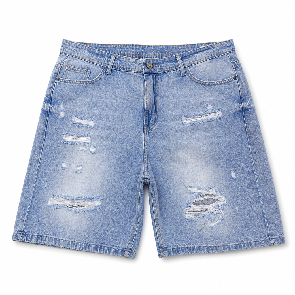 WEELZ Relaxed-Fit Distressed Denim Shorts — Light Blue Distressed product view