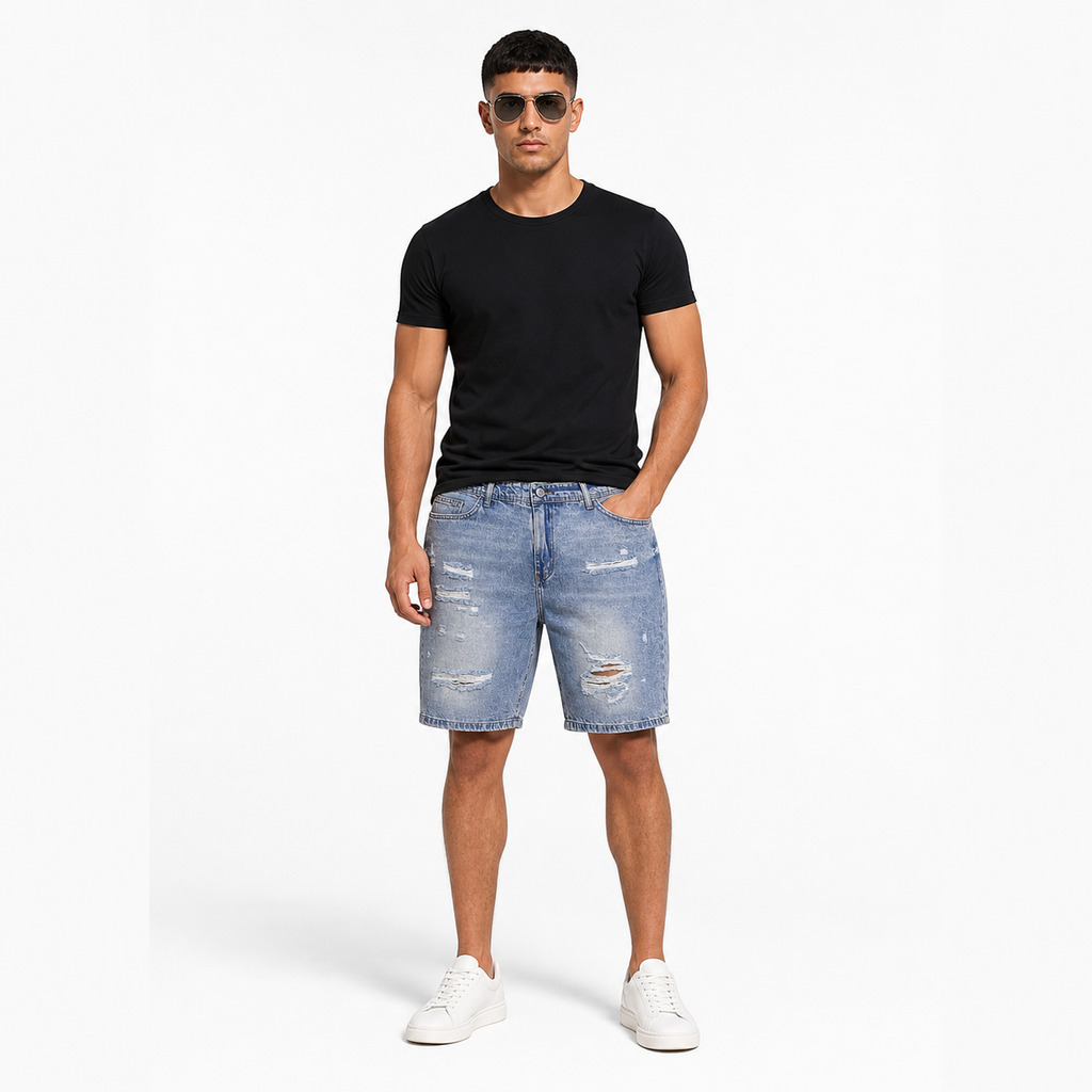 WEELZ Relaxed-Fit Distressed Denim Shorts — Light Blue Distressed styled model view