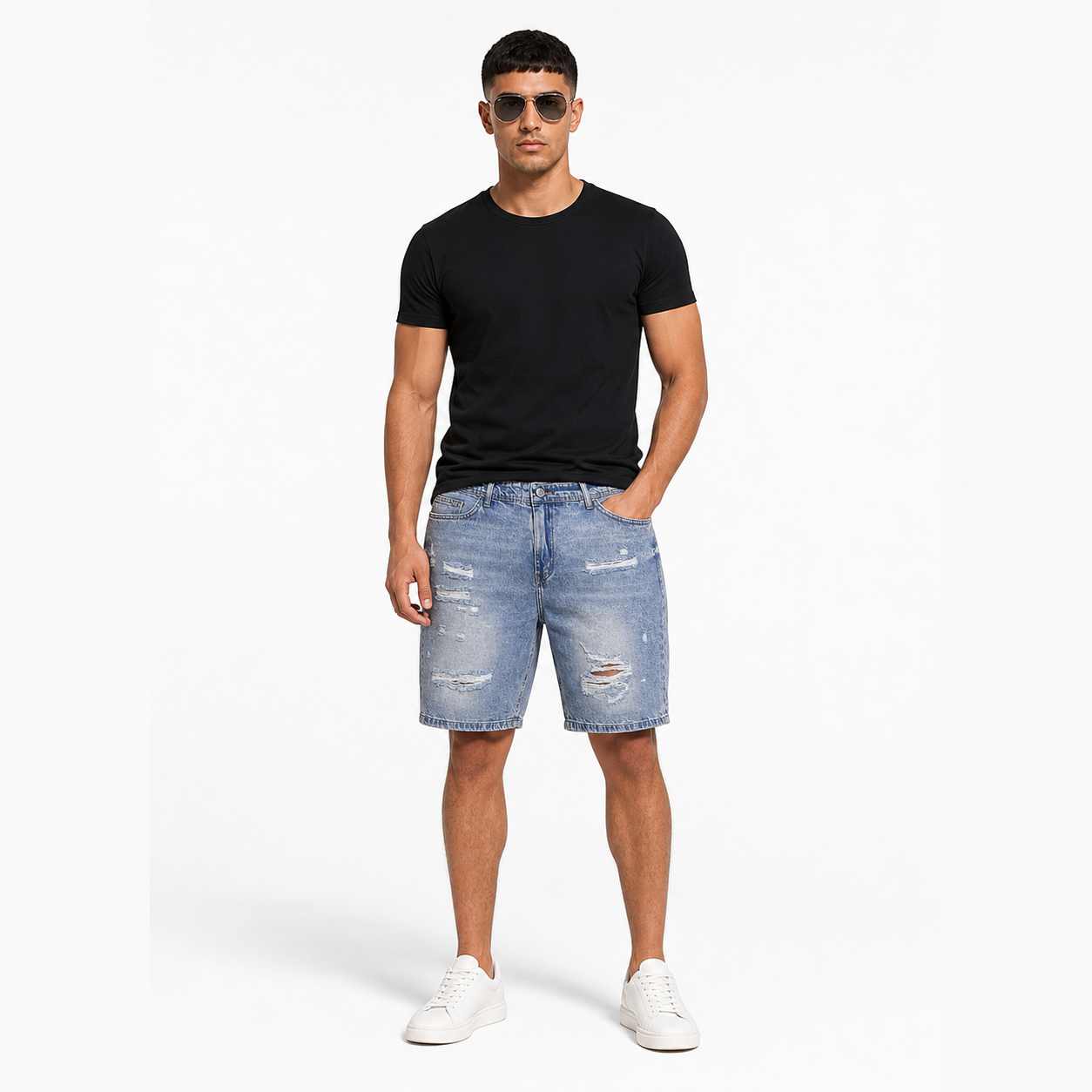 WEELZ Relaxed-Fit Distressed Denim Shorts — Light Blue Distressed styled model view