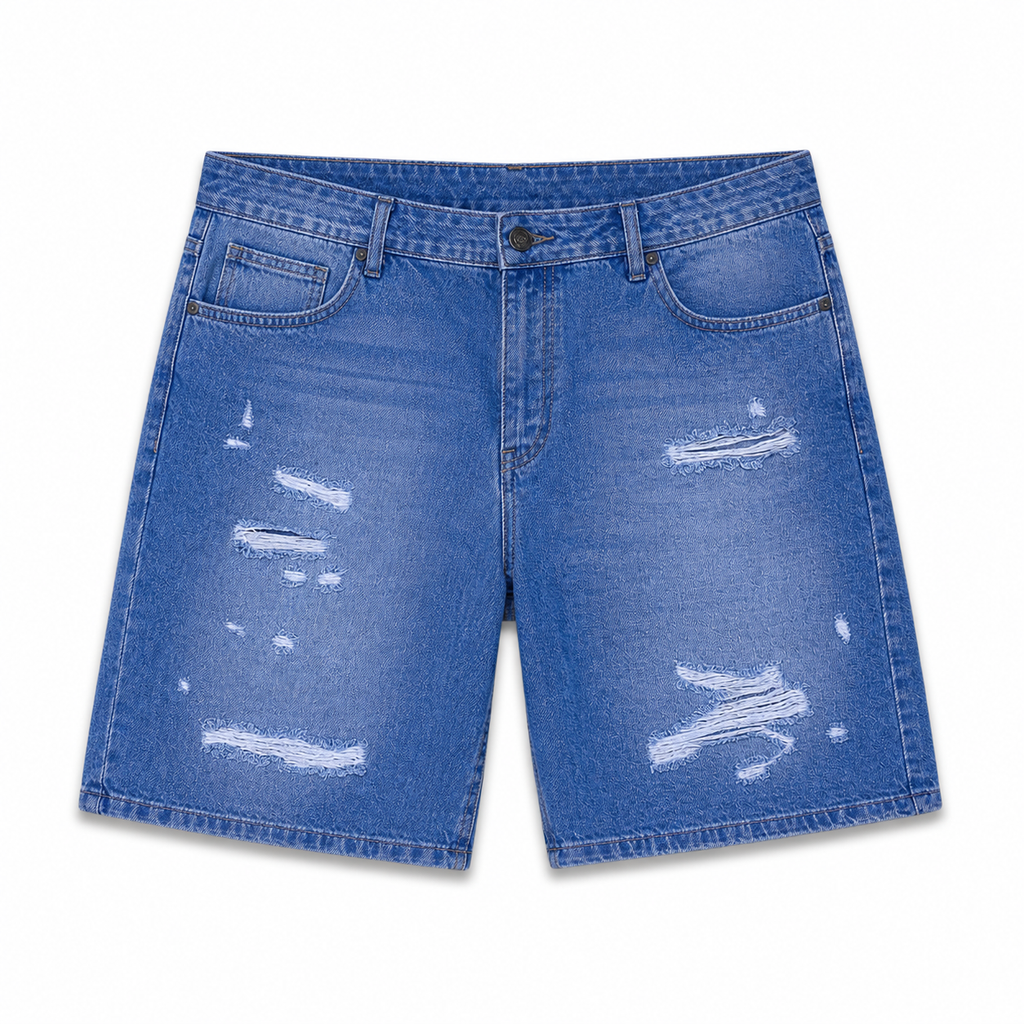WEELZ Relaxed-Fit Distressed Denim Shorts — Mid Blue Distressed product view