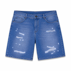 WEELZ Relaxed-Fit Distressed Denim Shorts — Mid Blue Distressed product view