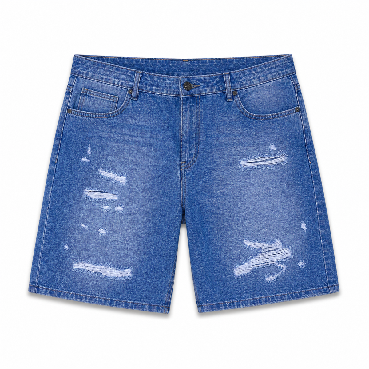 WEELZ Relaxed-Fit Distressed Denim Shorts — Mid Blue Distressed product view