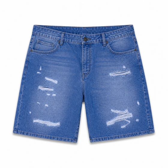 WEELZ Relaxed-Fit Distressed Denim Shorts — Mid Blue Distressed product view