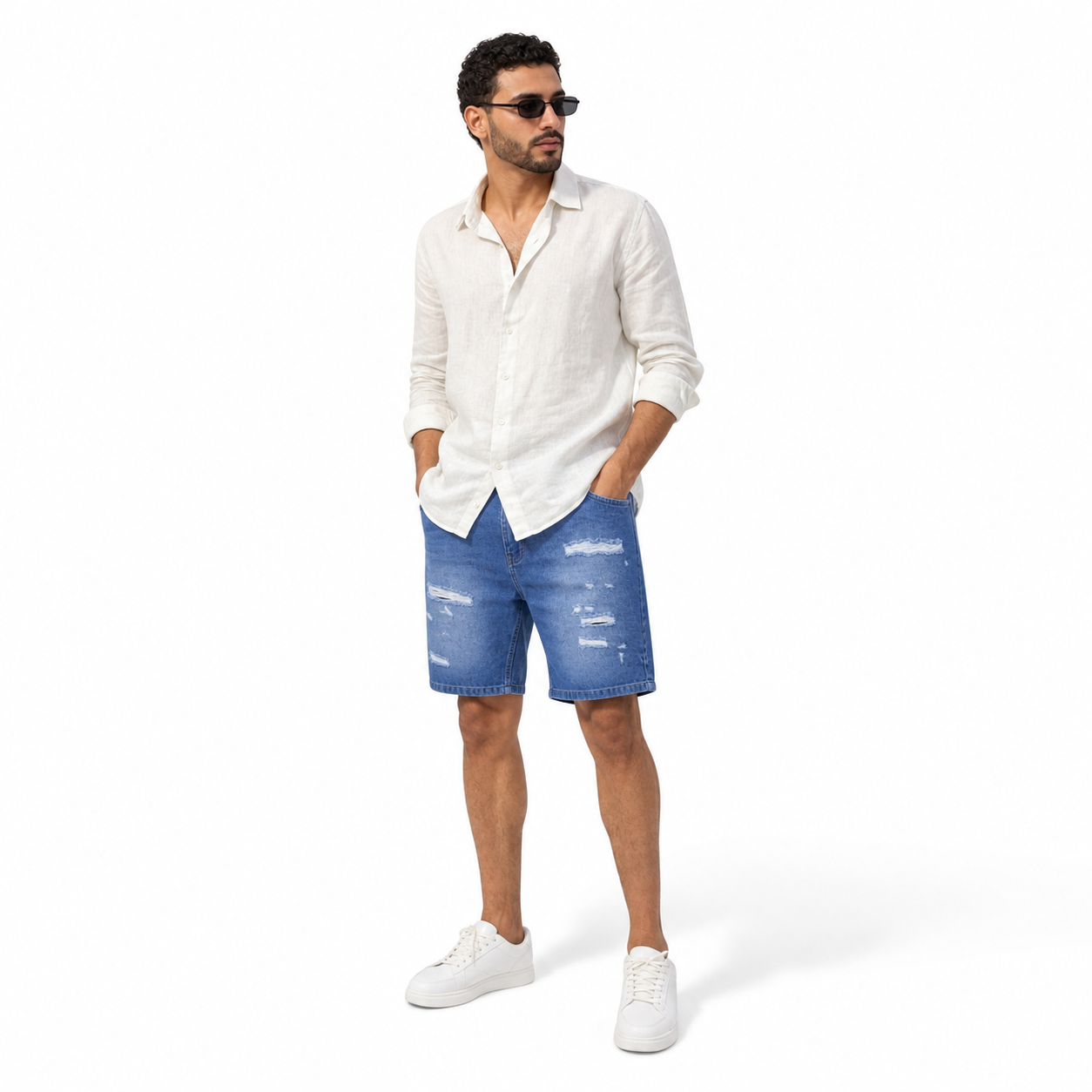 WEELZ Relaxed-Fit Distressed Denim Shorts — Mid Blue Distressed styled model view