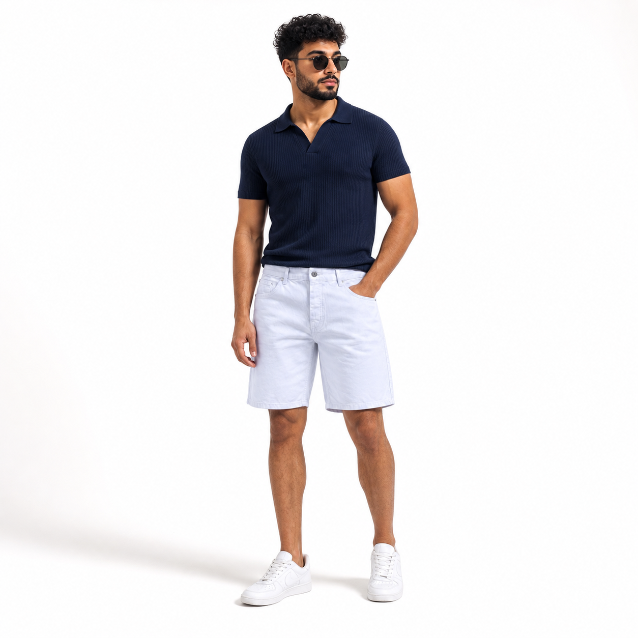 WEELZ Relaxed-Fit Distressed Denim Shorts — White styled model view