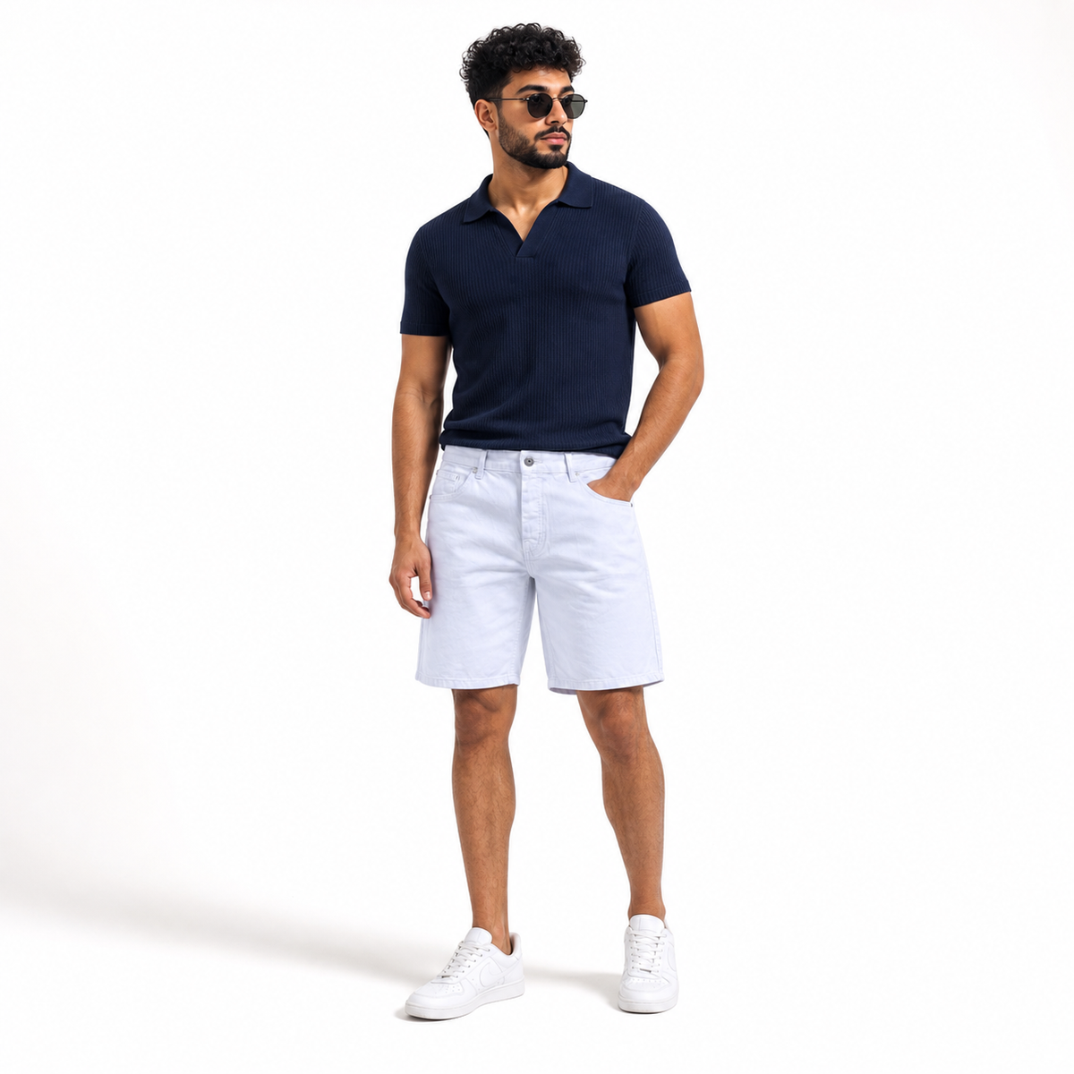 WEELZ Relaxed-Fit Distressed Denim Shorts — White styled model view