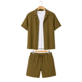 WEELZ olive camp-collar shirt and shorts set on hanger — front