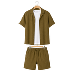 WEELZ olive camp-collar shirt and shorts set on hanger — front