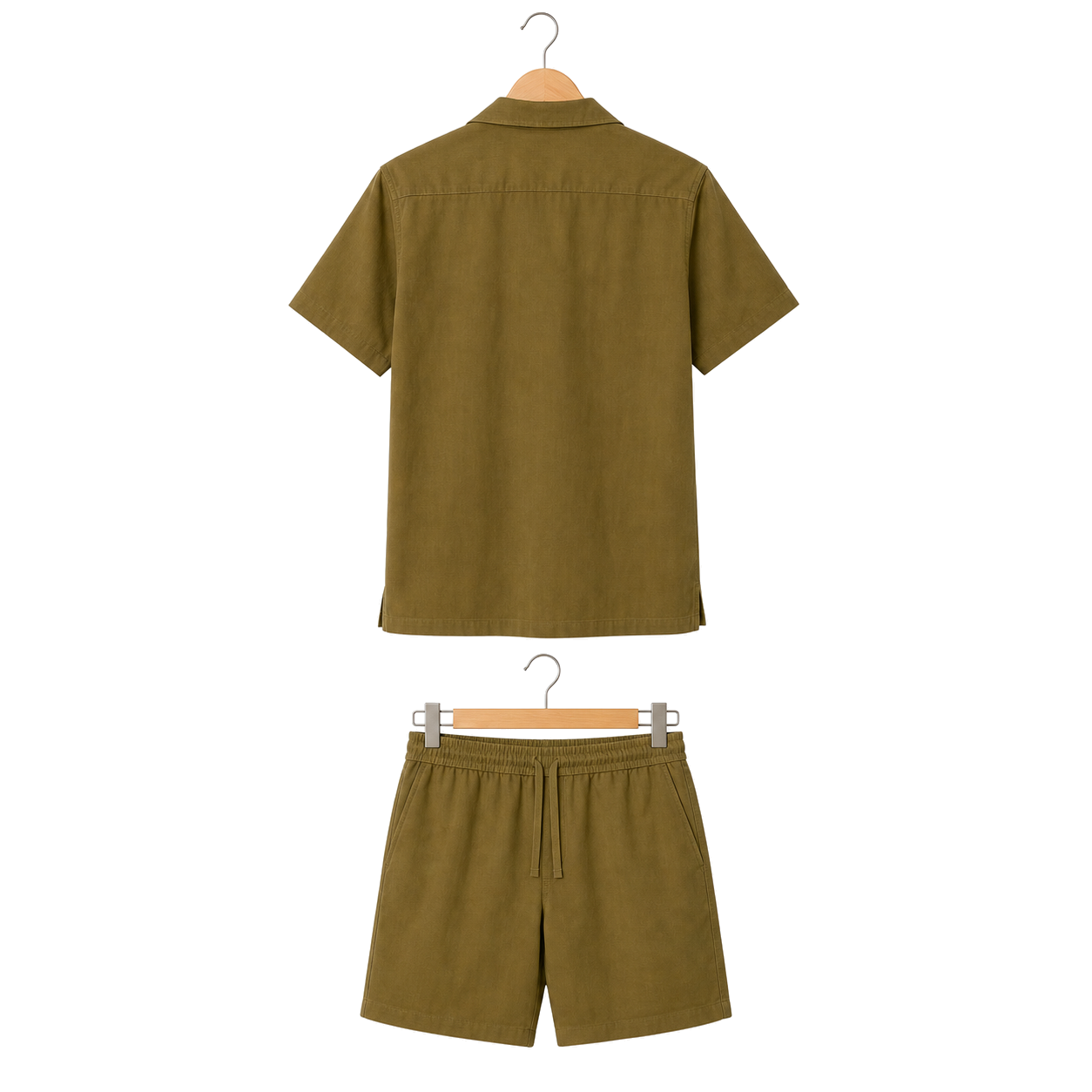 WEELZ olive camp-collar shirt and shorts set on hanger — back