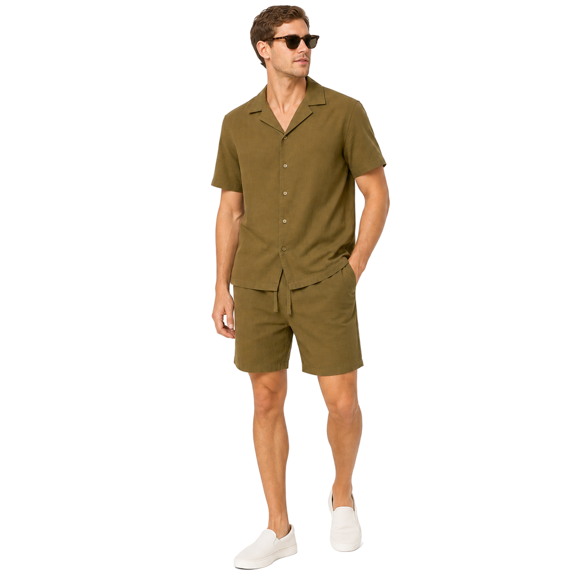 WEELZ olive camp-collar shirt and shorts set worn by model — look 1