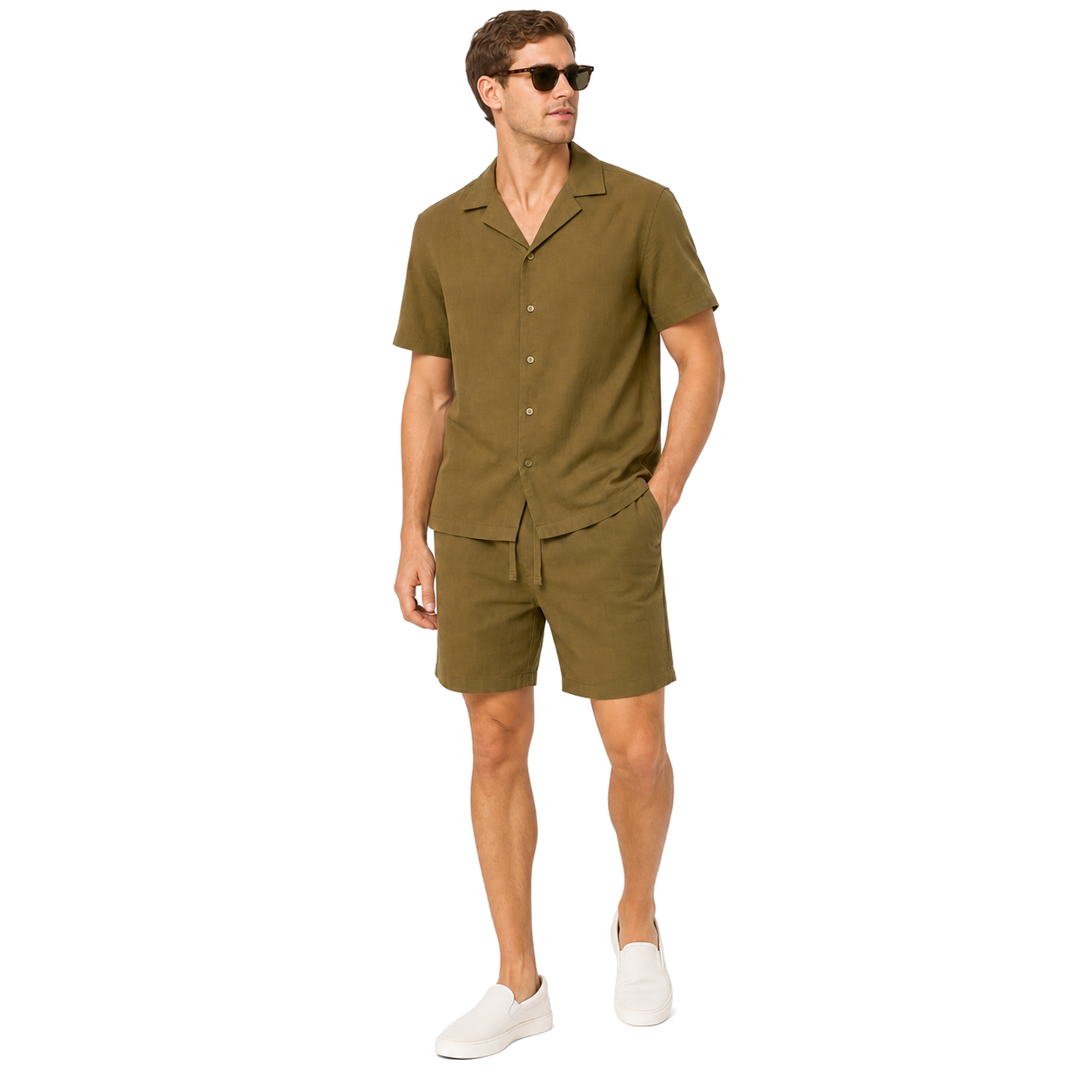 WEELZ olive camp-collar shirt and shorts set worn by model — look 1