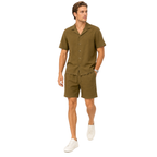 WEELZ olive camp-collar shirt and shorts set worn by model — look 2