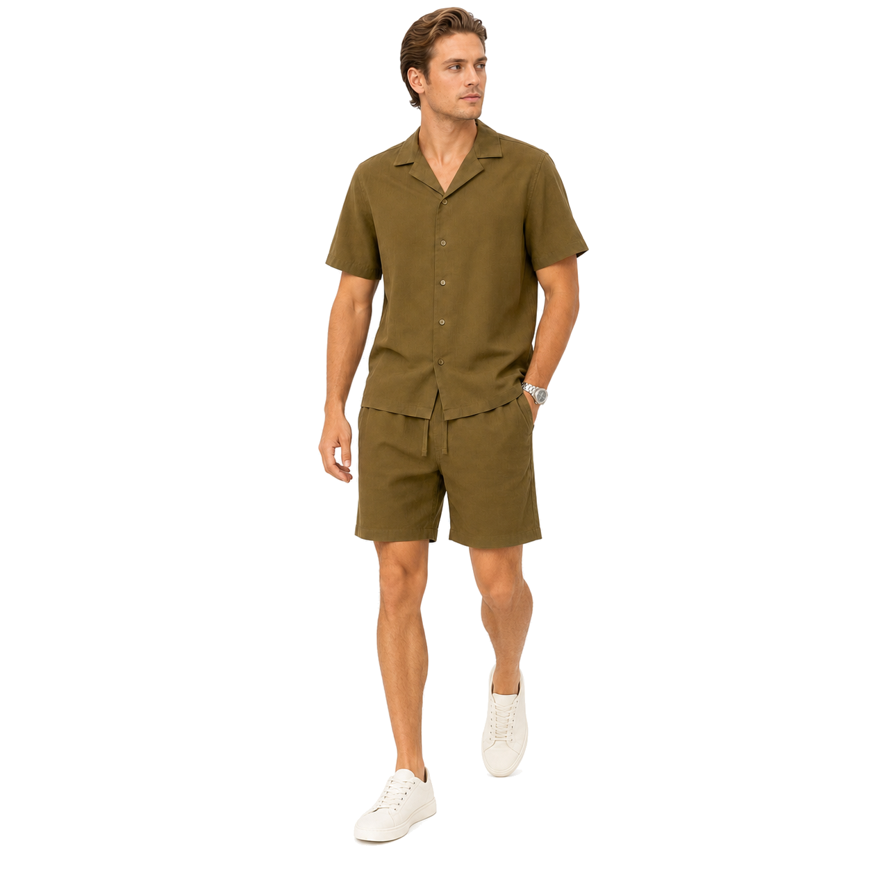 WEELZ olive camp-collar shirt and shorts set worn by model — look 2