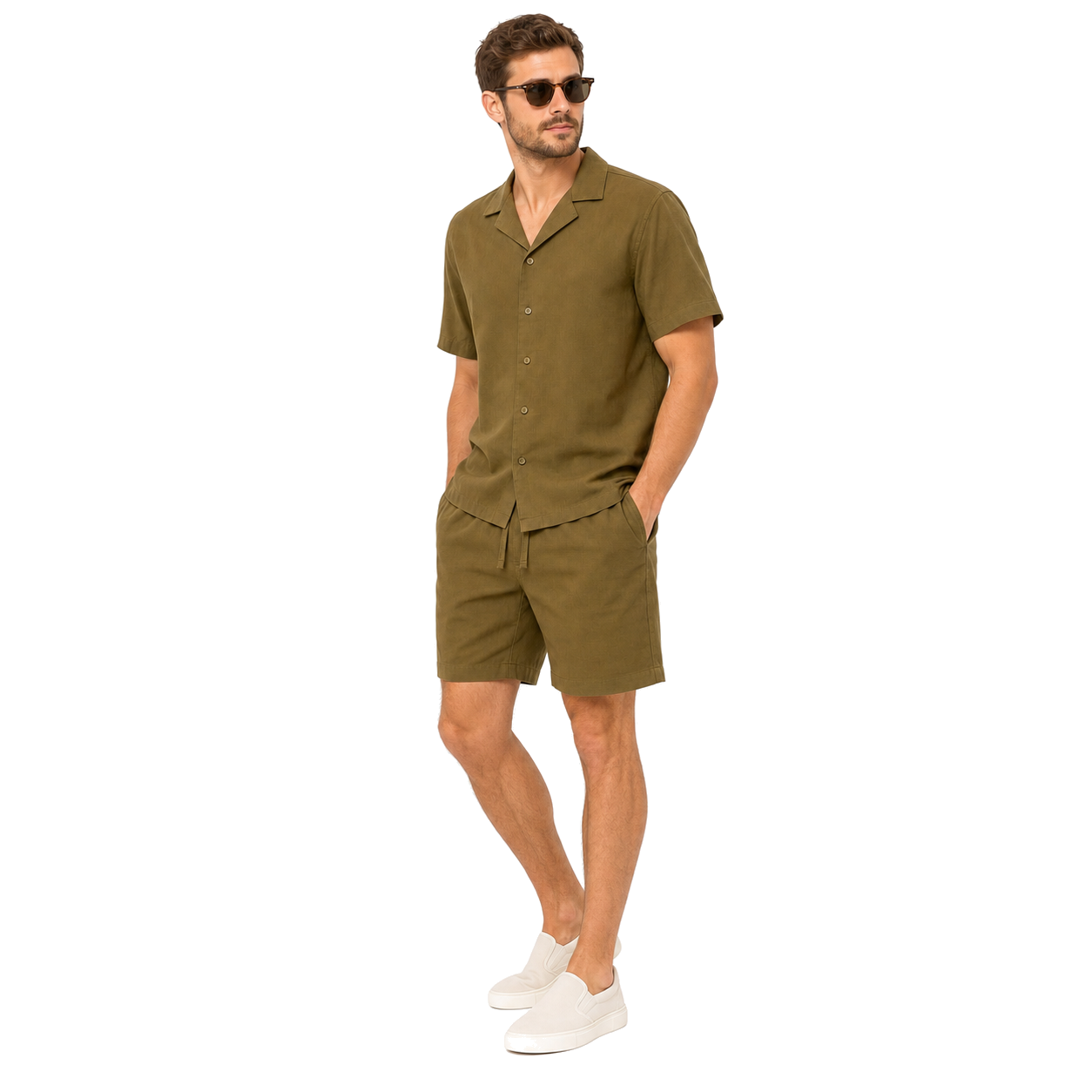 WEELZ olive camp-collar shirt and shorts set worn by model — look 3