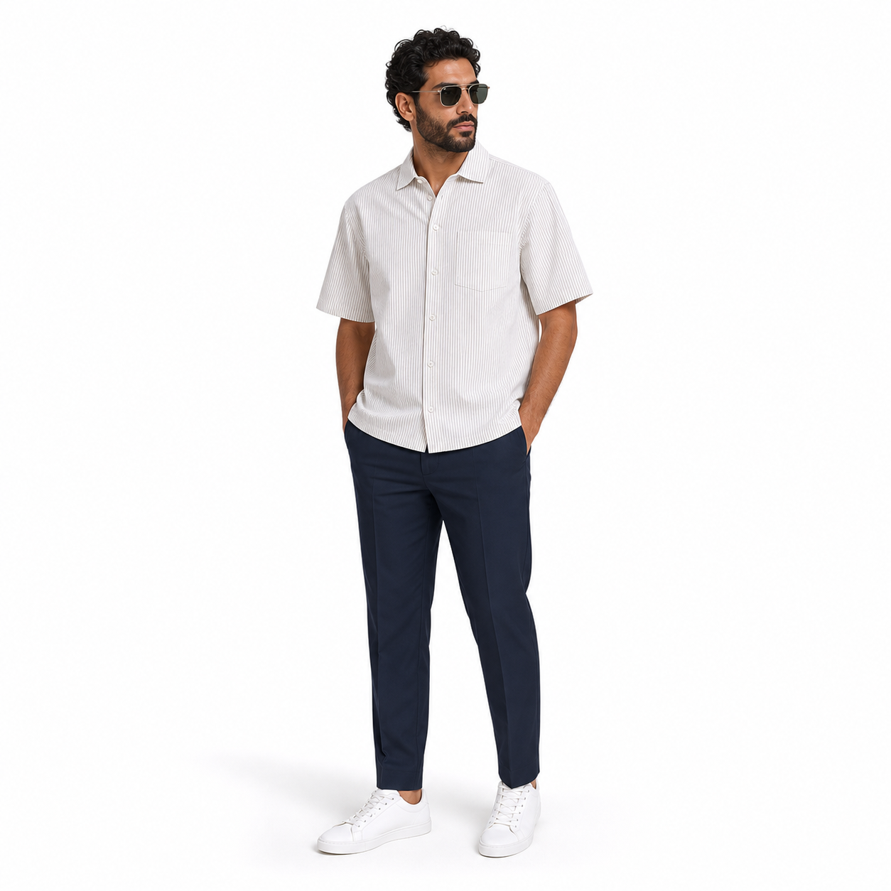 WEELZ Striped Box-Fit Short-Sleeve Shirt — Beige styled model view
